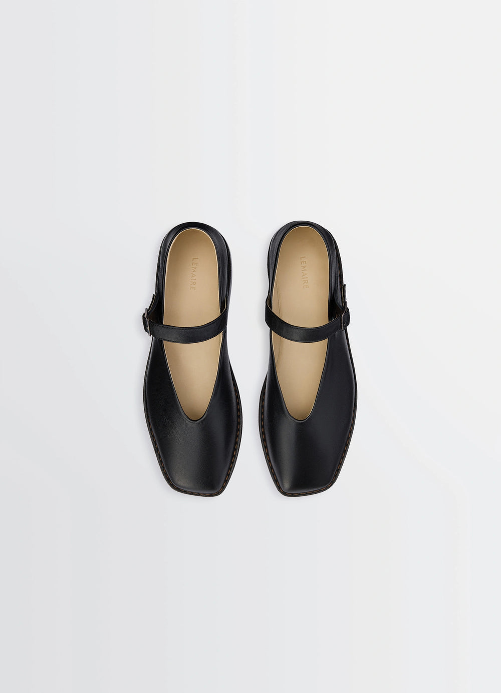 Ballerina Shoes in Black Nappa Lamb Leather, product shot, top view square toe detail