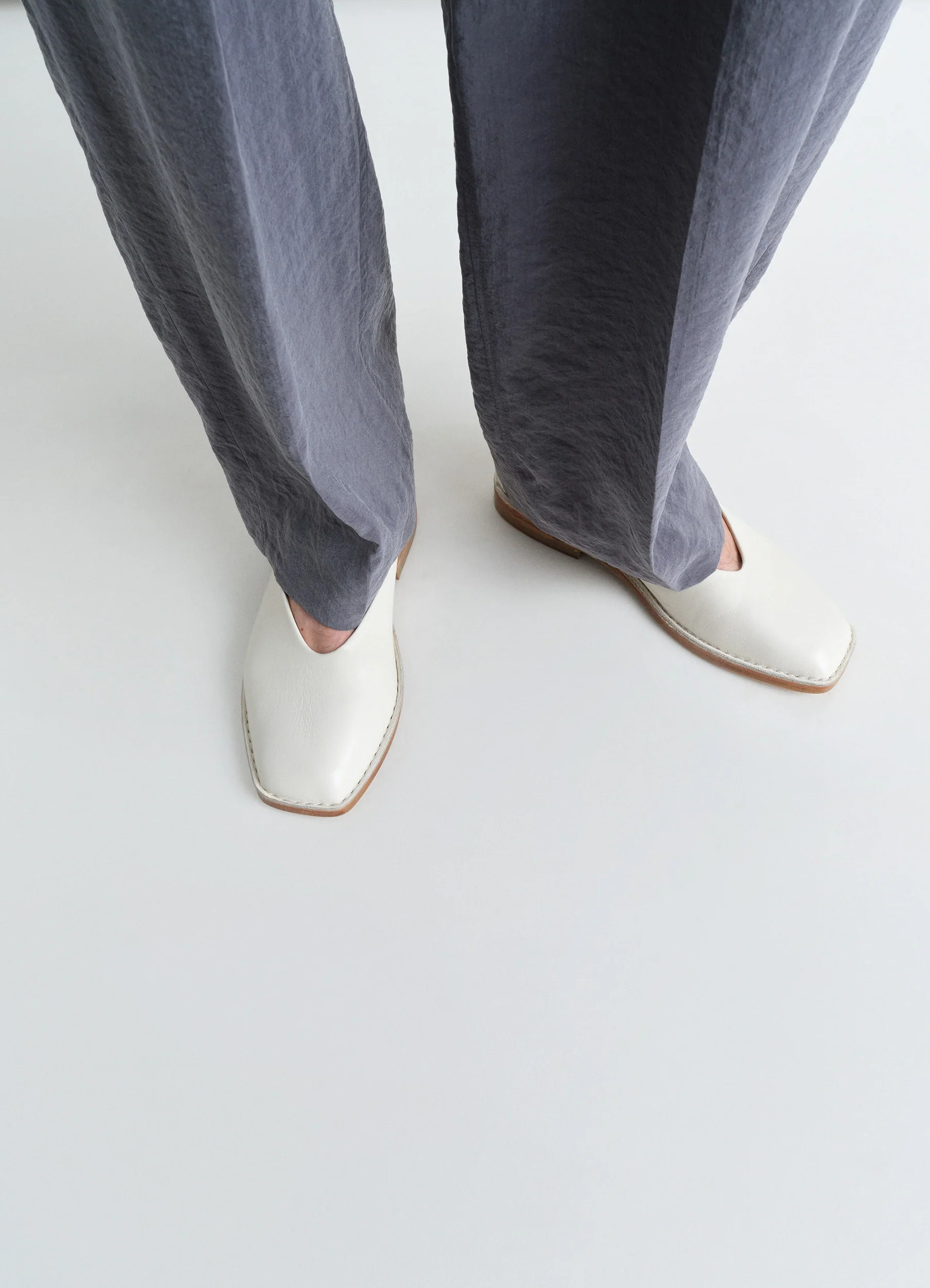 Lemaire ballerina shoes in smooth lamb nappa leather, model shot, top view square toe design