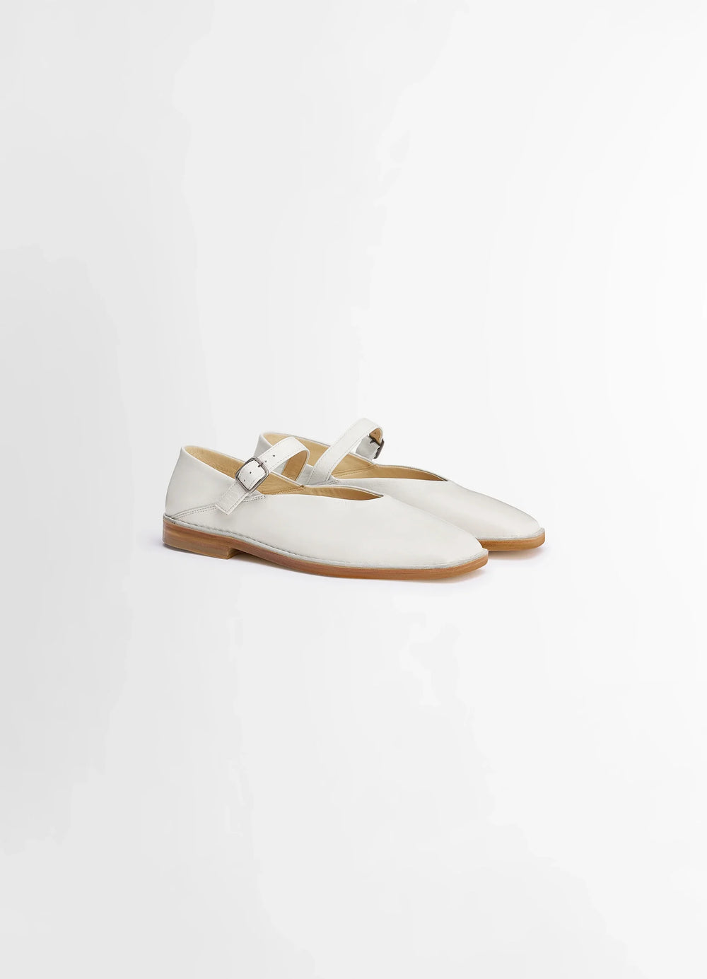 Lemaire Ballerina Shoes in Smooth Lamb Nappa Leather, product shot, three-quarter view minimalist flat sole