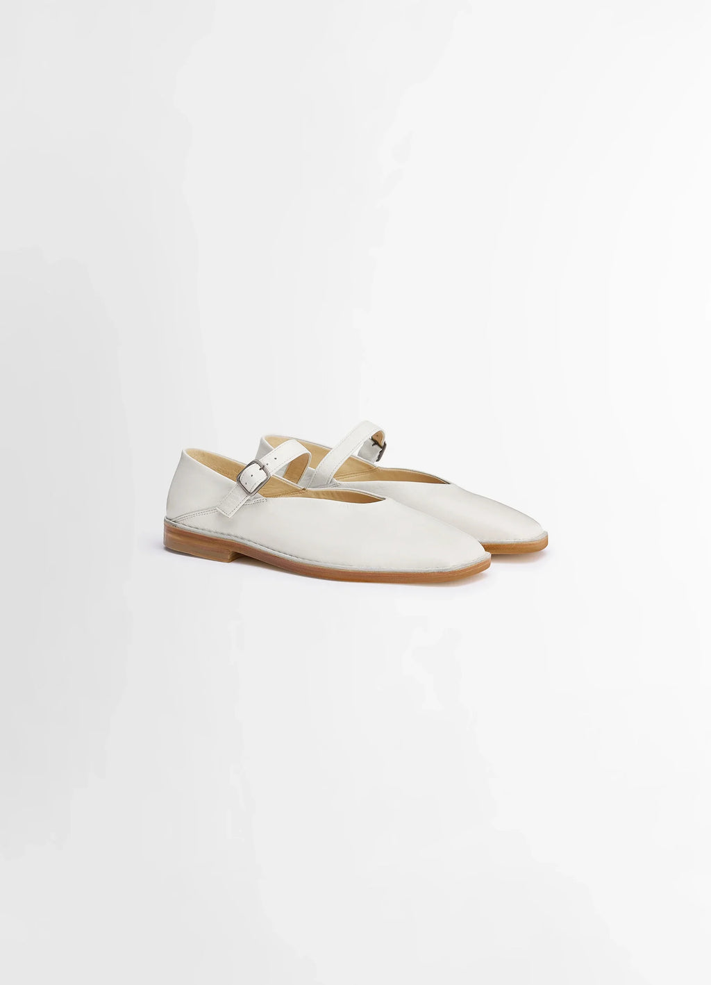 Lemaire Ballerina Shoes in Smooth Lamb Nappa Leather, product shot, three-quarter view minimalist flat sole