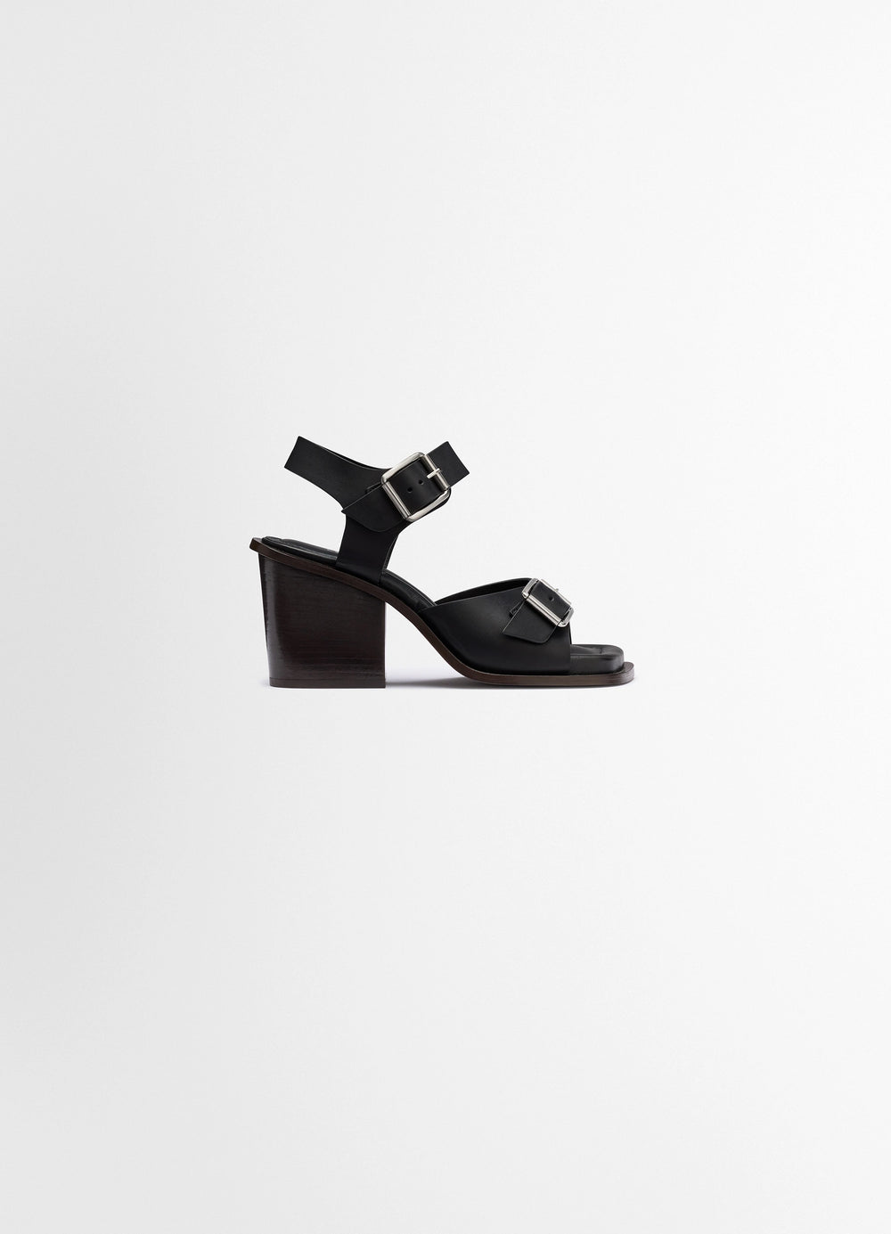 Square Heeled Sandals with Straps 8 in Smooth Vegetable-Tanned Leather, product shot, Side view Ankle and toe straps