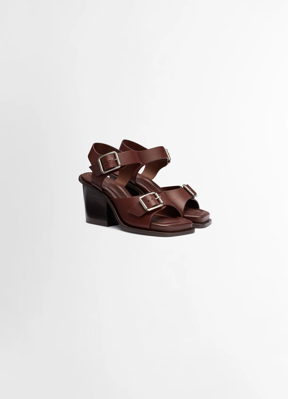 Lemaire Square Heeled Sandals in Smooth Vegetable-Tanned Leather, product shot, three-quarter front vi two buckle straps visi
