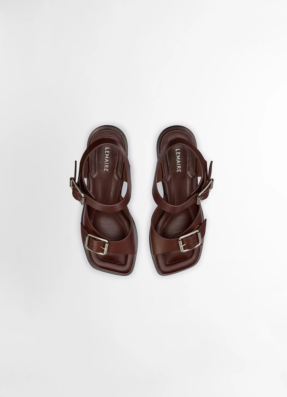 Lemaire Square Heeled Sandals in Smooth Vegetable-Tanned Leather, product shot, direct overhead view visible double buckle st