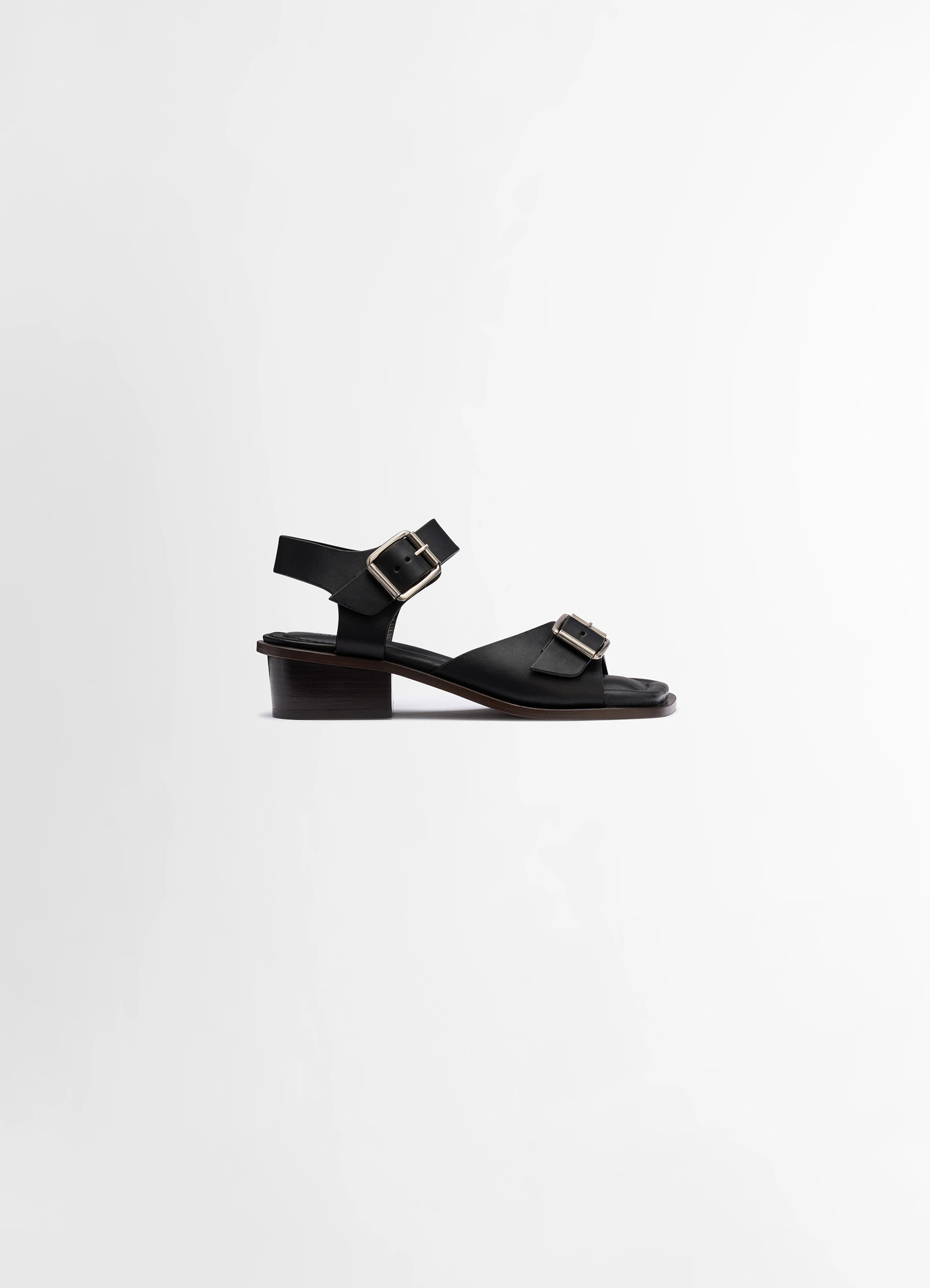 Lemaire square heeled sandals in smooth vegetable-tanned leather, product shot, side view rounded square toe, straps