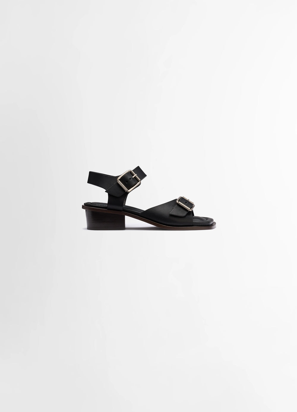 Lemaire Square Heeled Sandals in Smooth Vegetable-Tanned Leather, product shot, Side view Rounded square toe, straps