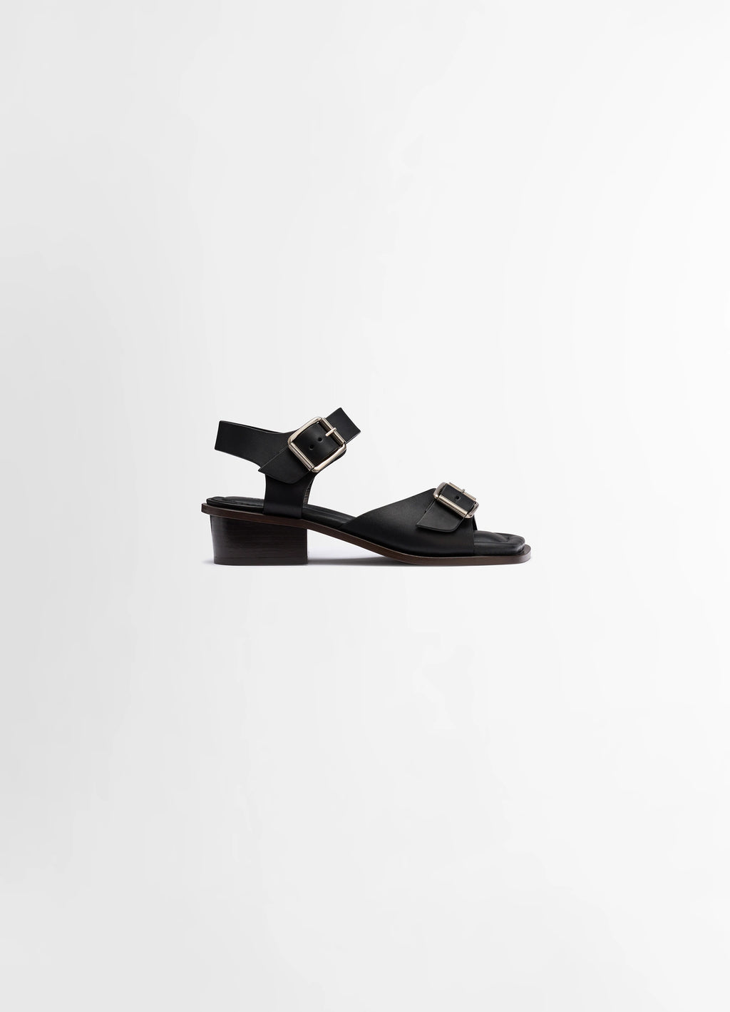 Lemaire Square Heeled Sandals in Smooth Vegetable-Tanned Leather, product shot, Side view Rounded square toe, straps