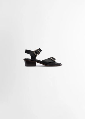 Lemaire Square Heeled Sandals in Smooth Vegetable-Tanned Leather, product shot, Side view Rounded square toe, straps