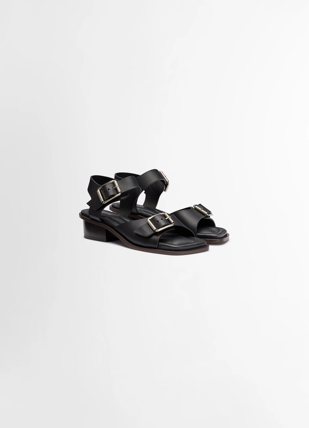 Lemaire Square Heeled Sandals in Smooth Vegetable-Tanned Leather, product shot, three-quarter front view double buckle straps