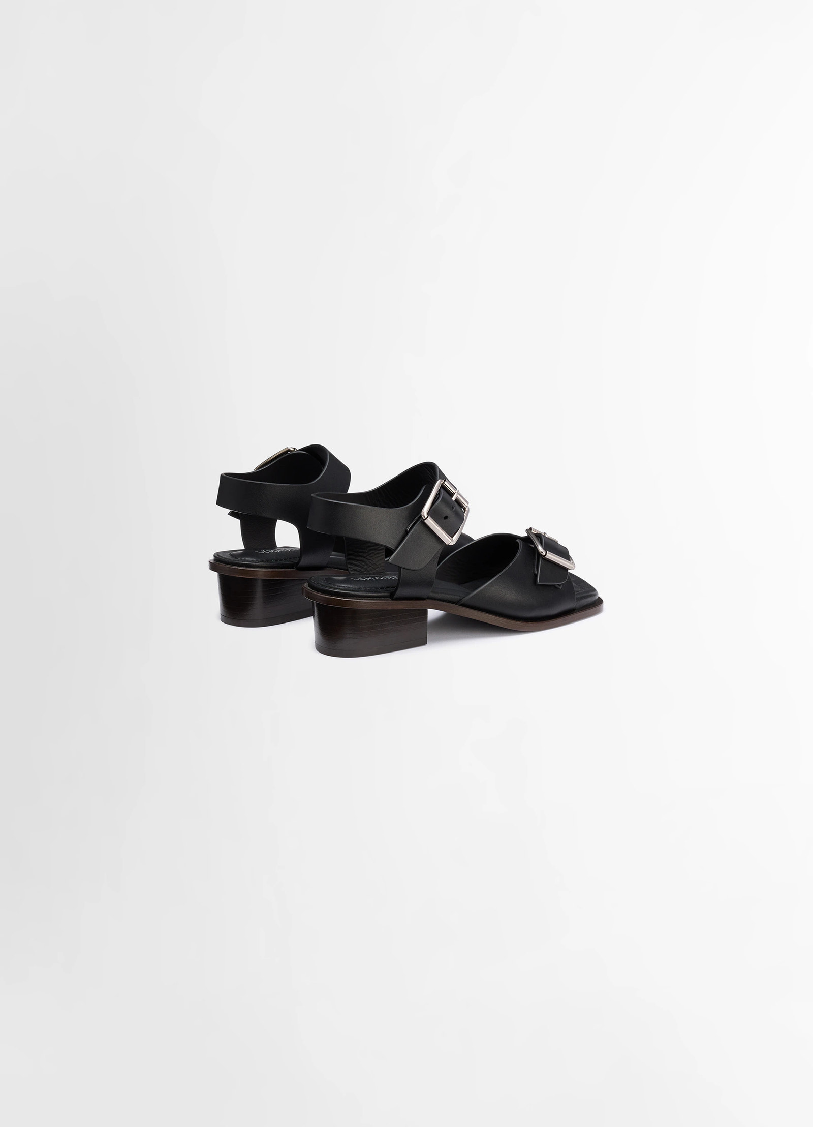 Lemaire square heeled sandals in smooth vegetable-tanned leather, product shot, rear view chunky heel design visible