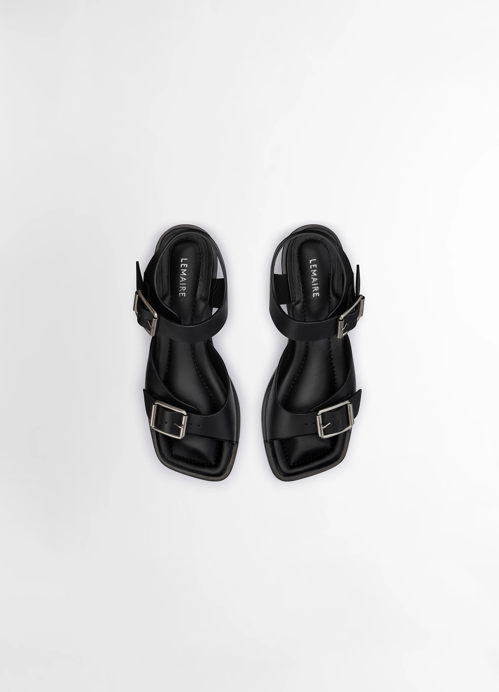 Lemaire square heeled sandals in smooth vegetable-tanned leather, product shot, top down view 5 double strap detailed view