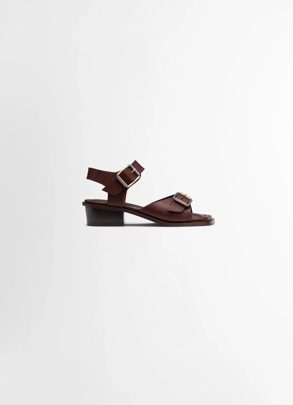 Lemaire Square Heeled Sandals in Brown Vegetable-Tanned Leather, product shot, Side view Rounded square toe, metal buckles