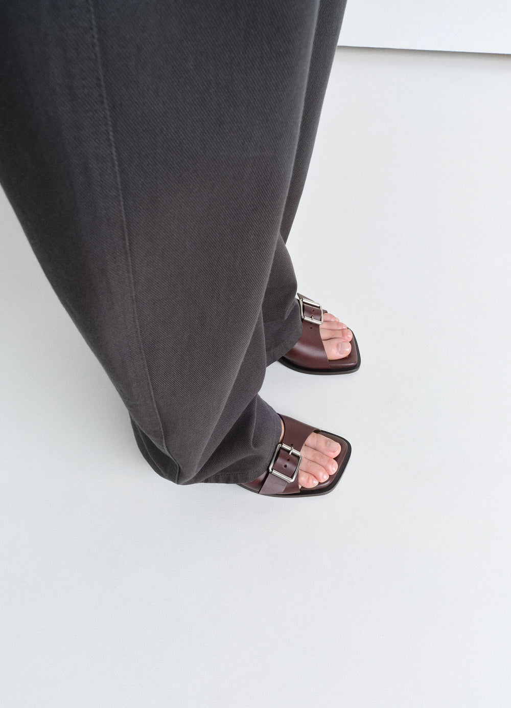 Lemaire Square Heeled Sandals in Brown Vegetable-Tanned Leather, model shot, top down view open toe design