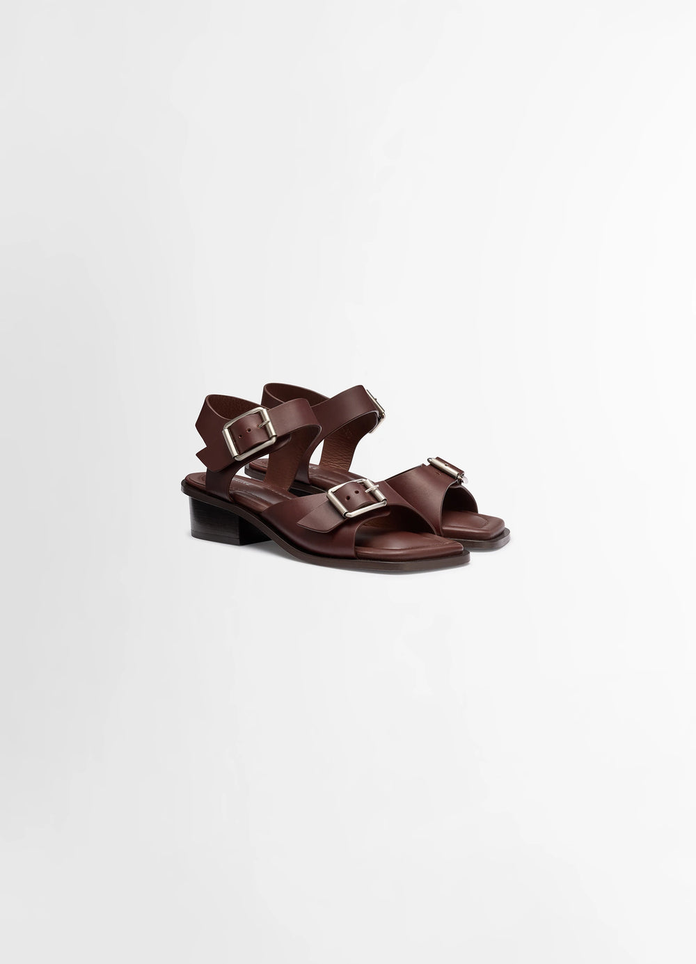 Lemaire Square Heeled Sandals in Brown Vegetable-Tanned Leather, product shot, angled front view double strap design