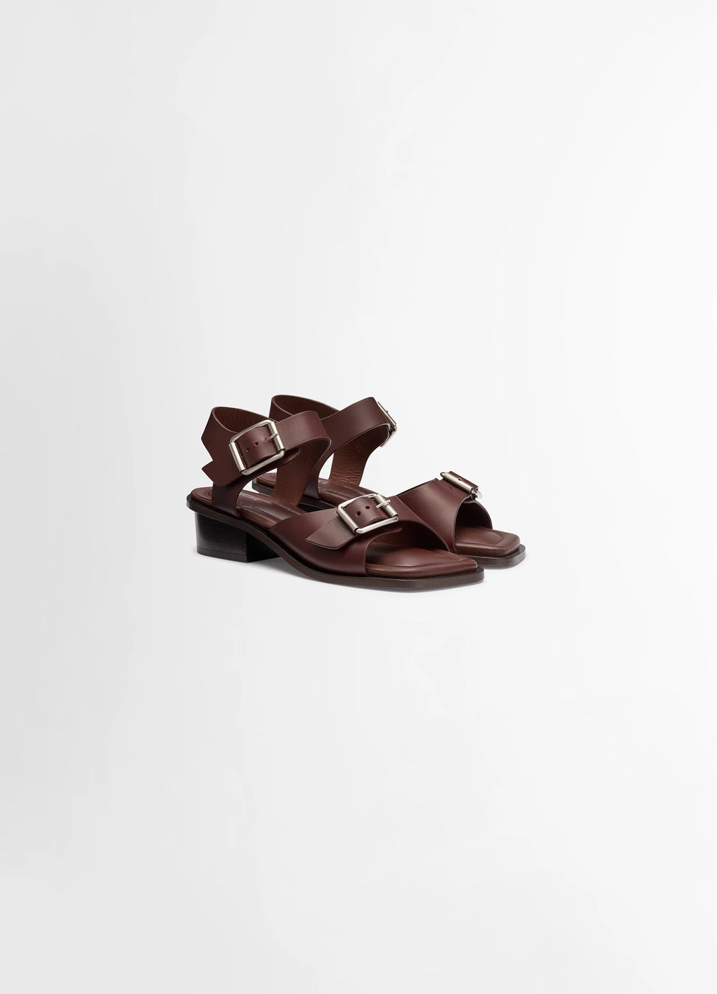 Lemaire Square Heeled Sandals in Brown Vegetable-Tanned Leather, product shot, angled front view double strap design