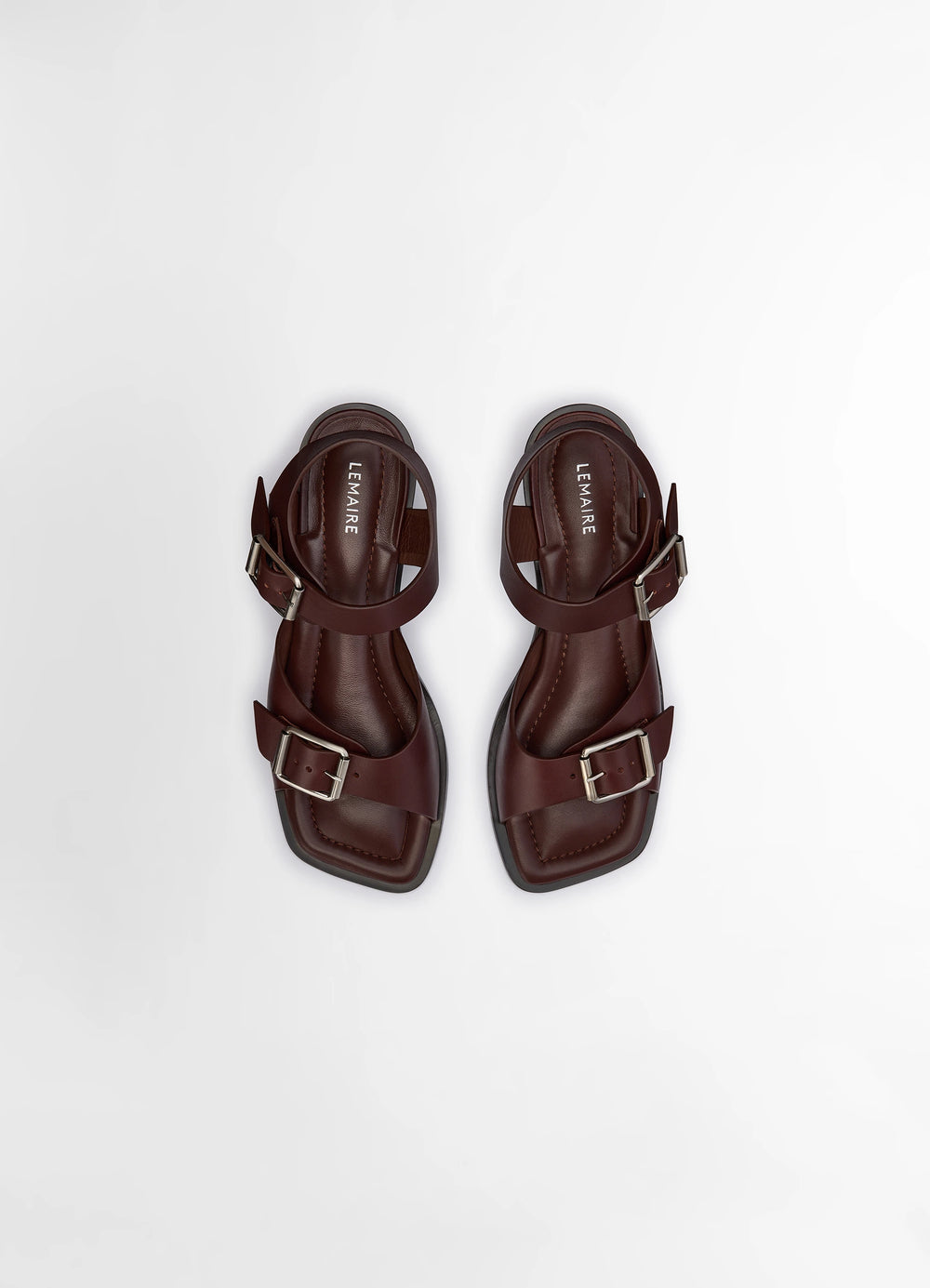 Lemaire Square Heeled Sandals in Brown Vegetable-Tanned Leather, product shot, top down pair view ankle strap close-up