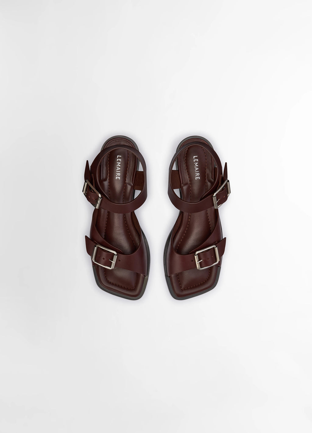 Lemaire Square Heeled Sandals in Brown Vegetable-Tanned Leather, product shot, top down pair view ankle strap close-up