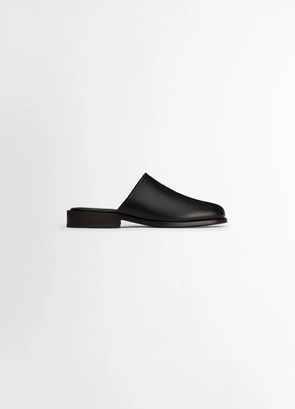Lemaire Square Mule in Shiny Buffalo Leather, product shot, Side view Minimal shape with square toe