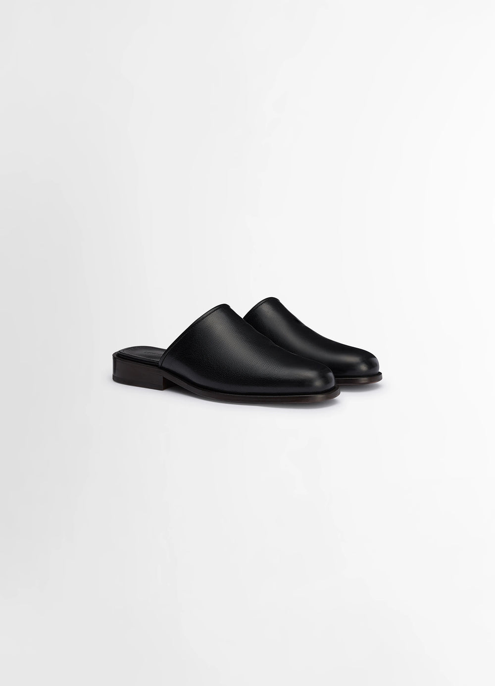 Lemaire Square Mule in Black Vegetable-Tanned Buffalo Leat, product shot, three-quarter front view sleek design, low heel