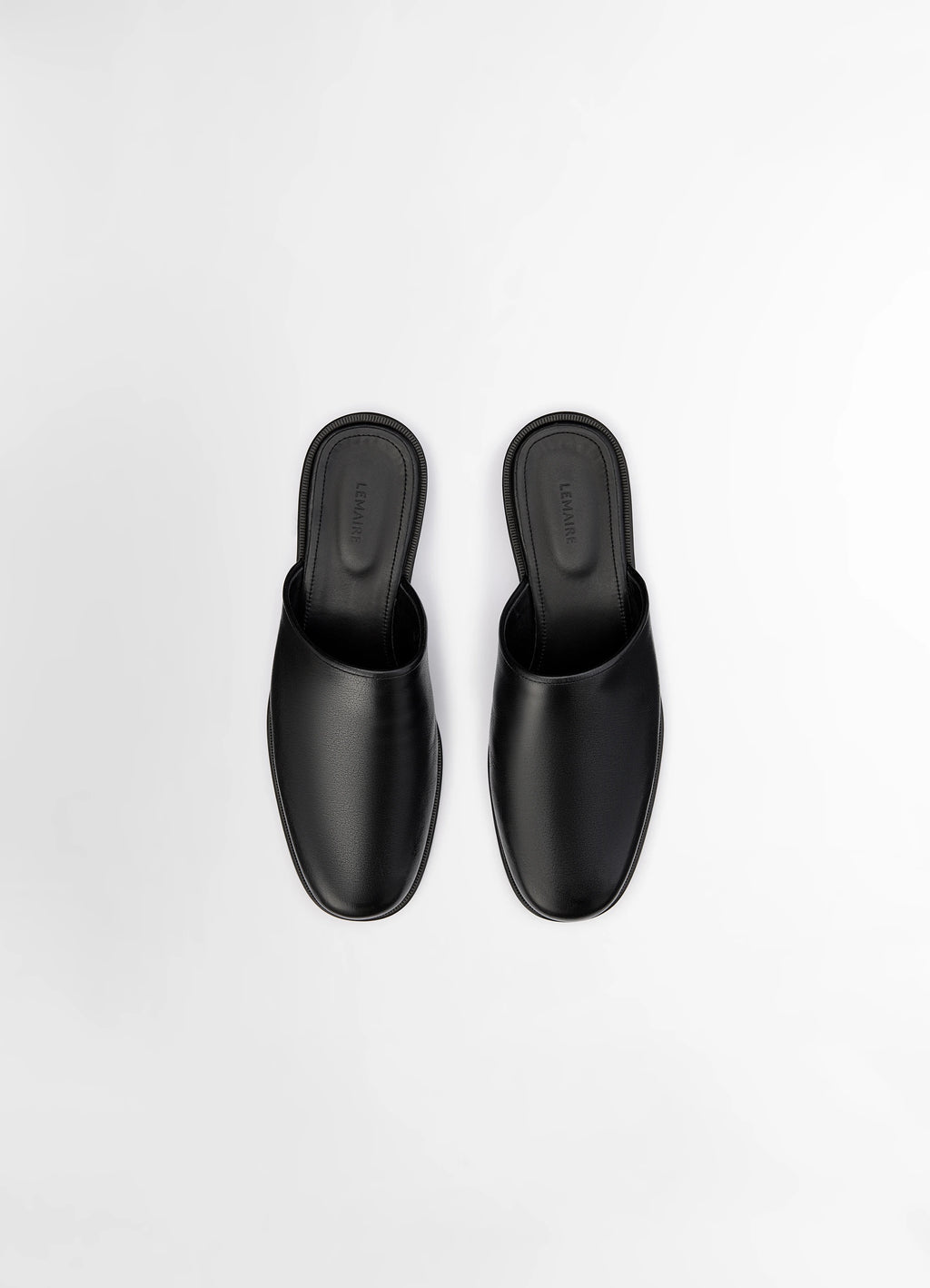Lemaire Square Mule in Black Vegetable-Tanned Buffalo Leat, product shot, top-down detail smooth minimalist uppers