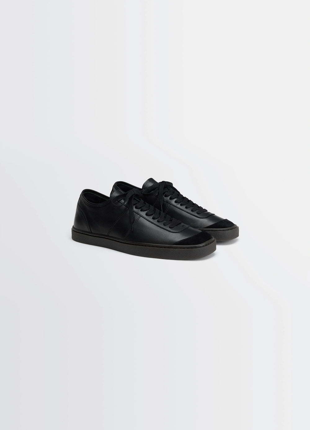 Linoelum Basic Laced Up Trainers in Black Soft Cow Leather, product shot, angled top view stitched laces, fine grain