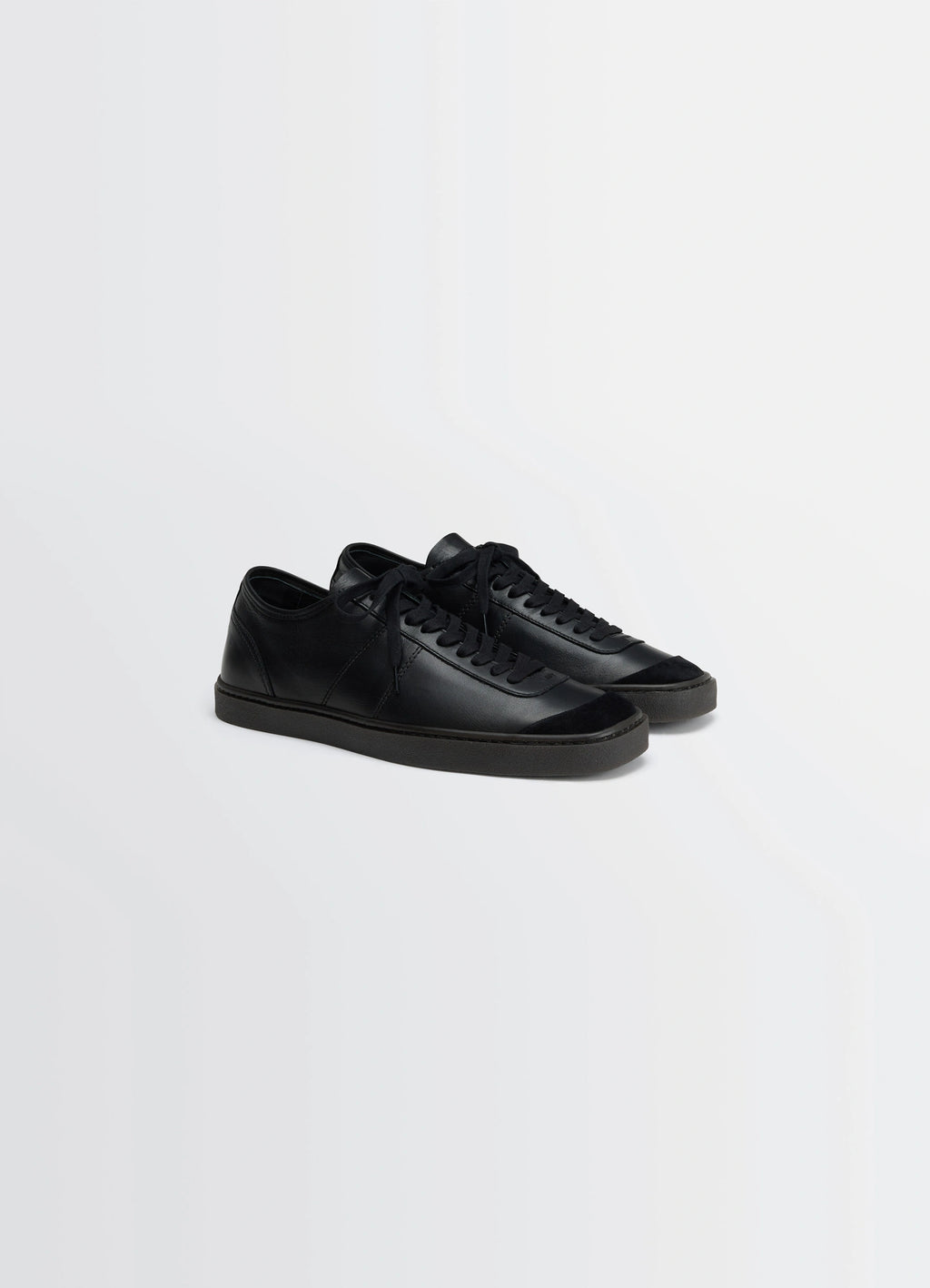 Linoelum Basic Laced Up Trainers in Black Soft Cow Leather, product shot, angled top view stitched laces, fine grain
