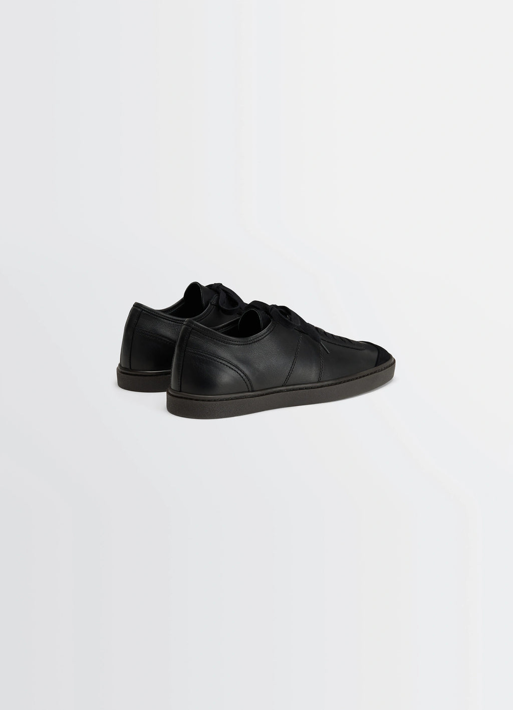 Linoelum Basic Laced Up Trainers in Black Soft Cow Leather, product shot, rear three-quarter view stitched panels with low pr