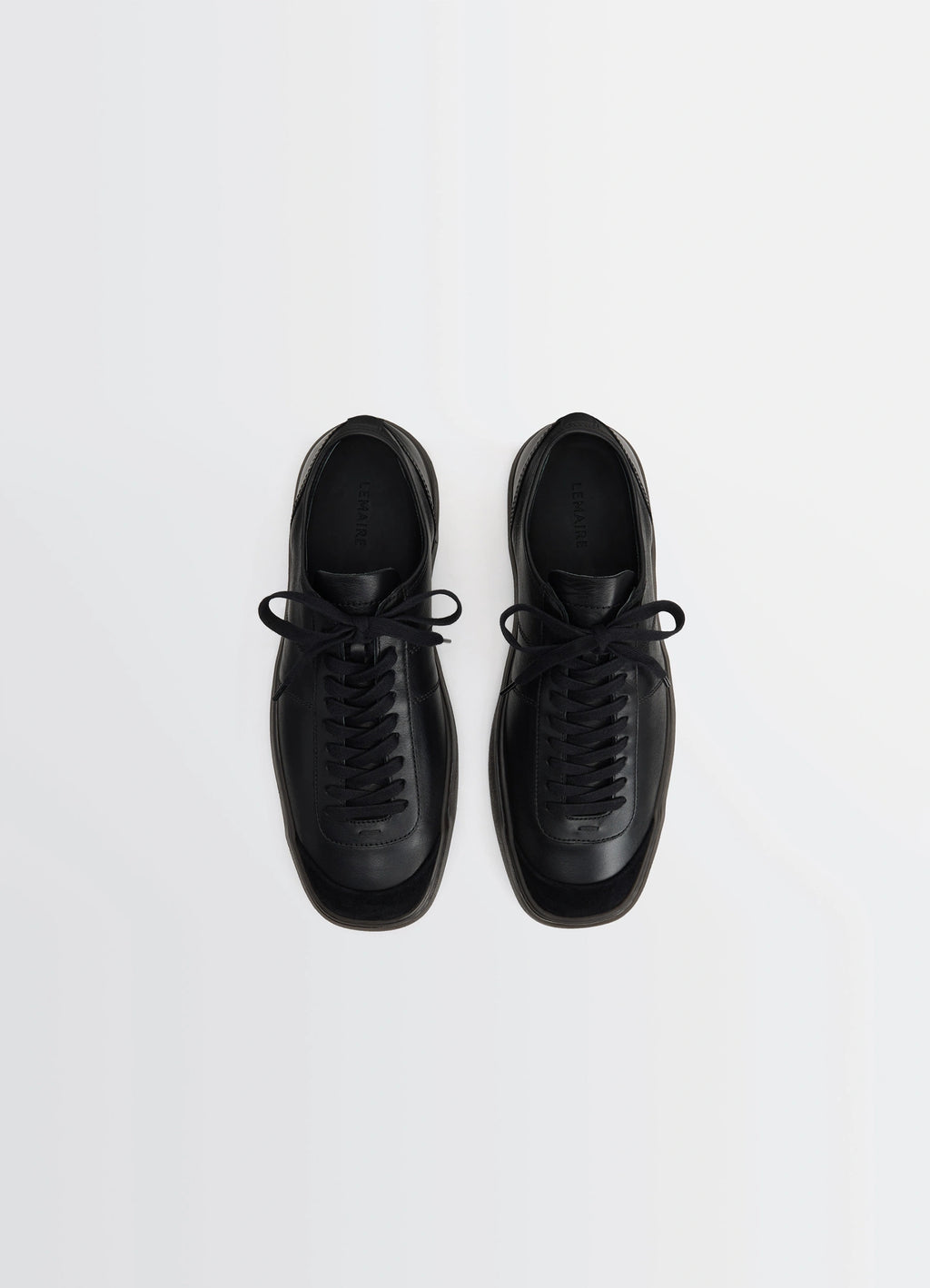 Linoleum Basic Laced Up Trainers in Smooth Soft Cow Leather, product shot, top view laced minimalist design