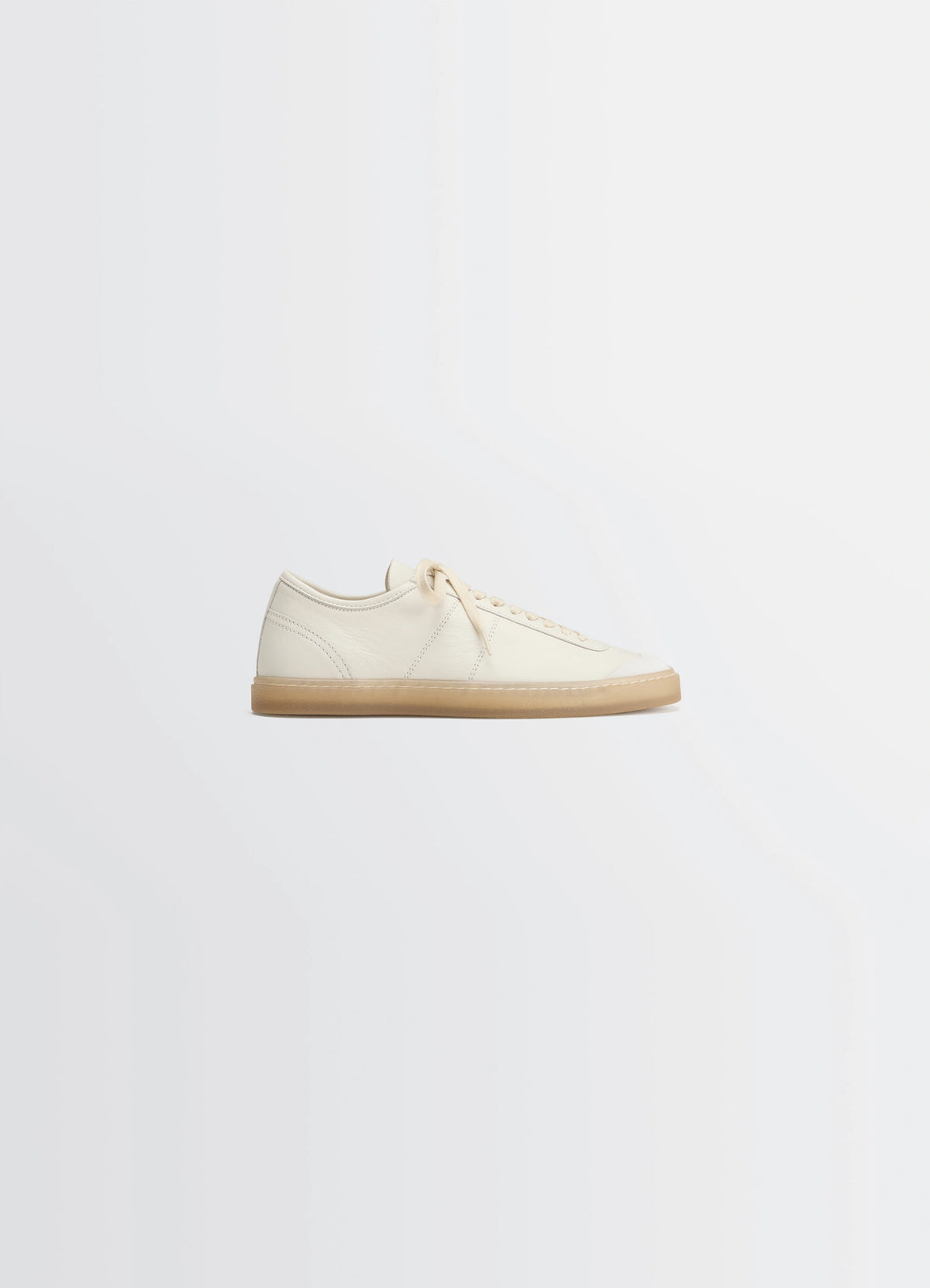 Lemaire Basic Laced Up Trainers in Smooth soft cow leather, product shot, side view suede cutout, square toes