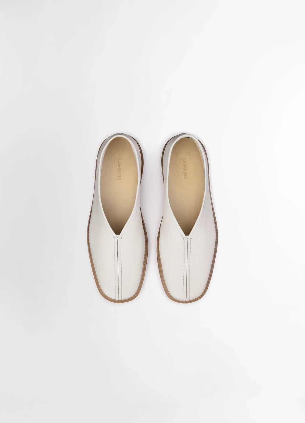 Lemaire Linoleum Piped Sneakers in Smooth Soft Cow Leather, product shot, detail top down view central seam stitching