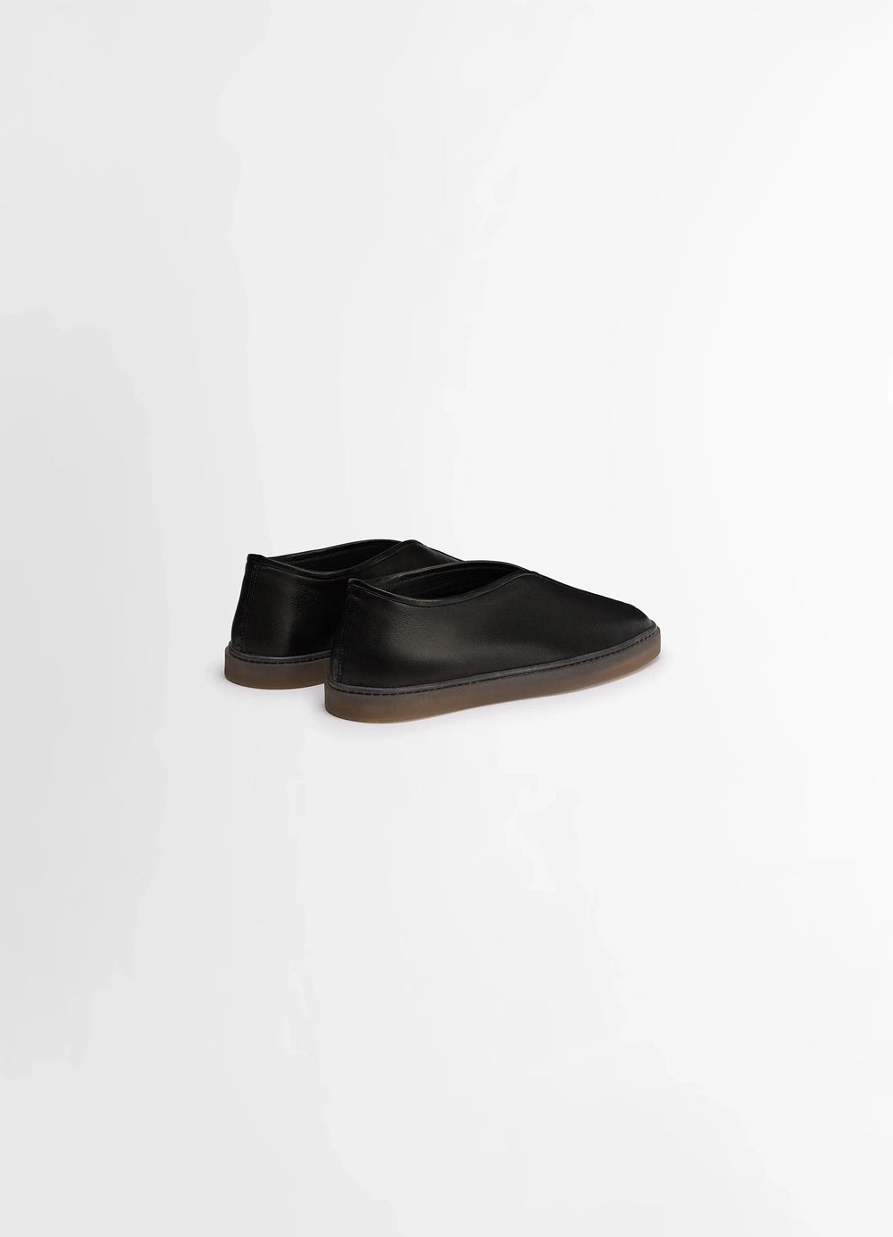 Linoleum Piped Sneakers in Black Cow Leather, product shot, back view gum sole detail