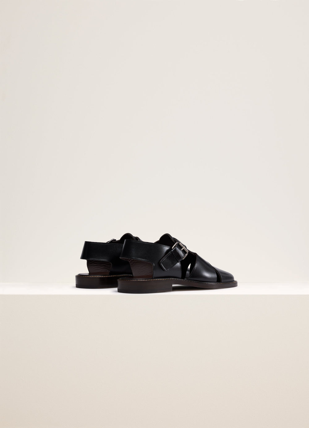 Lemaire Fisherman Sandals in Black Smooth Cow Leather, product shot, rear angle view open back design