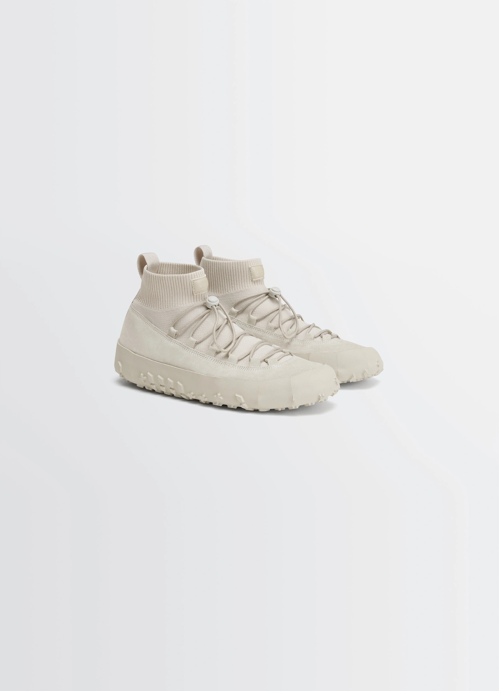 Vibram wrap on sneakers in textured hand-sueded lambskin, product shot, three-quarter front view ribbed ankle cuff