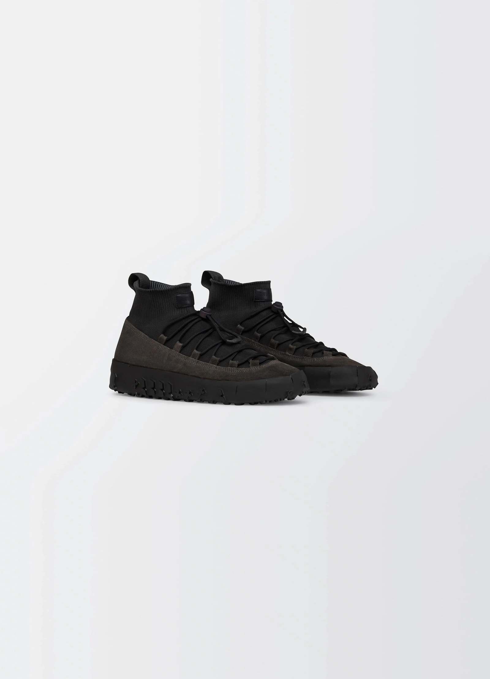 Vibram wrap on sneakers in black supple leather, product shot, three-quarter front view high-top design