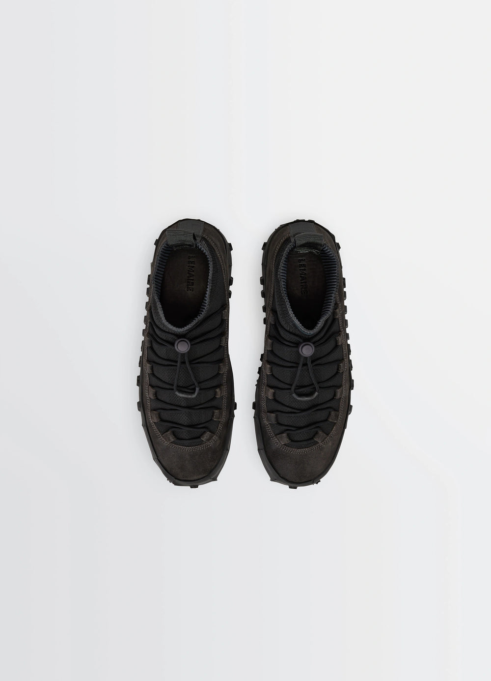 VIBRAM WRAP ON SNEAKERS in Black supple leather, product shot, top view contrasting laces, lug sole