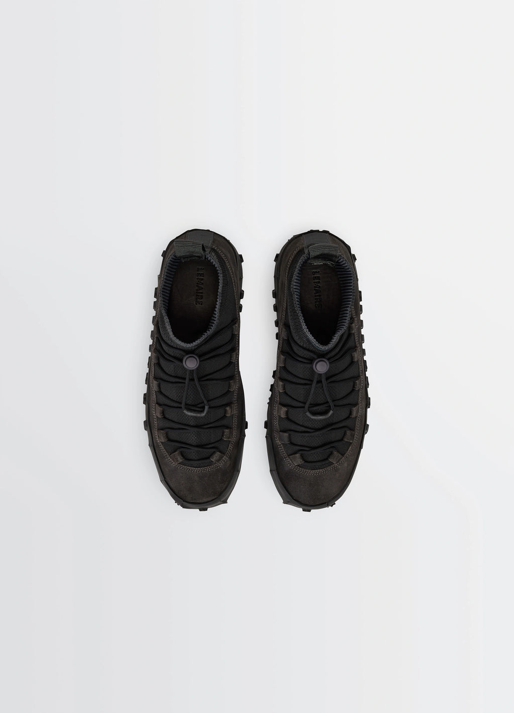 VIBRAM WRAP ON SNEAKERS in Black supple leather, product shot, top view contrasting laces, lug sole