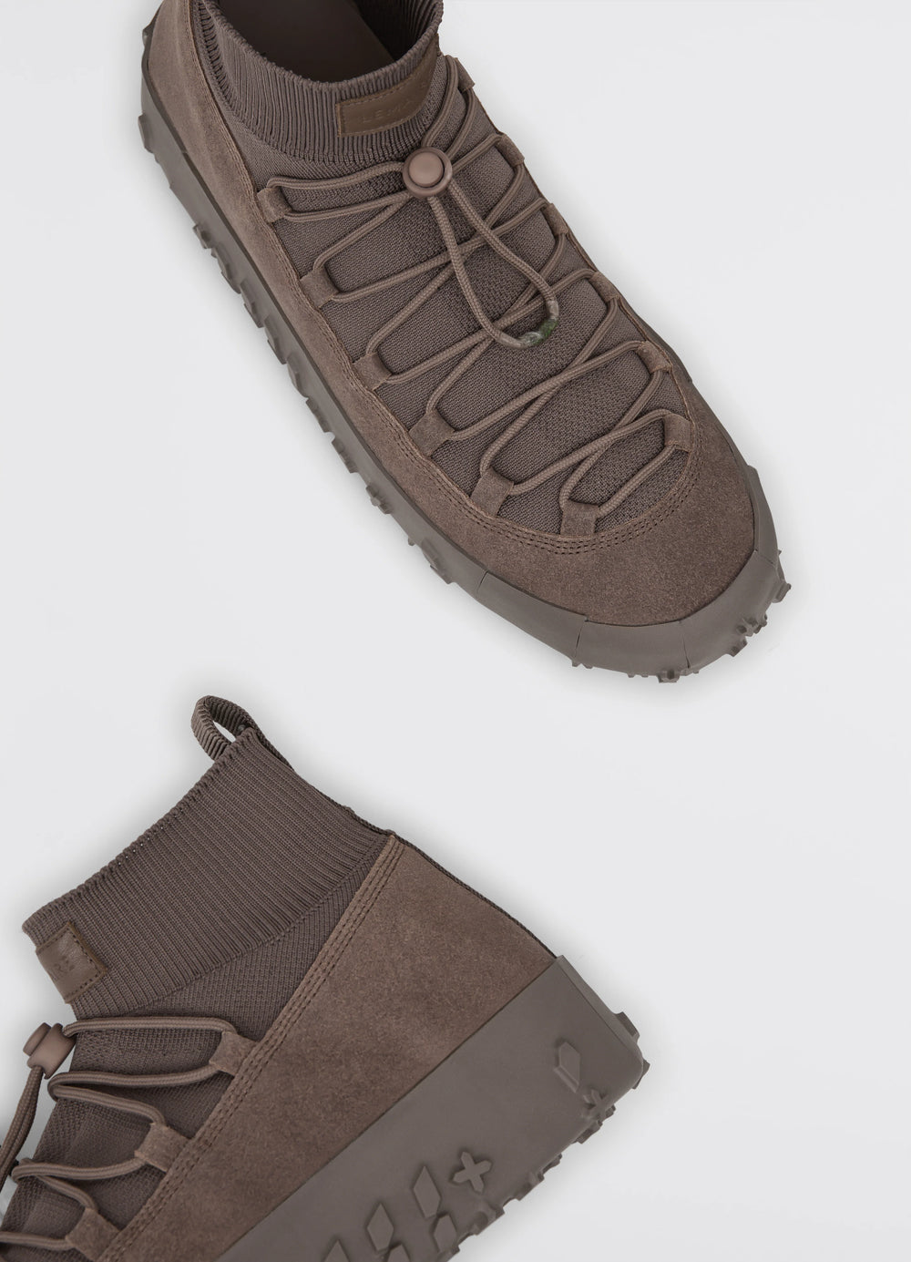 Vibram Wrap On Sneakers in Brown Smooth Leather, product shot, angled top view sock collar detail