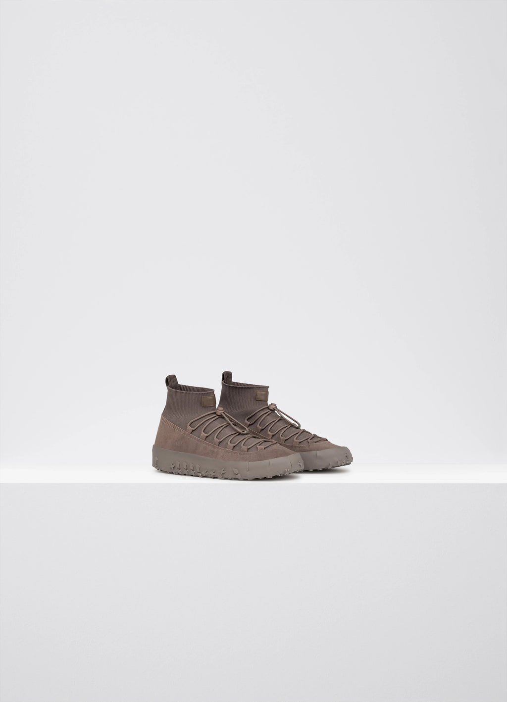 Vibram Wrap On Sneakers in Brown Smooth Leather, product shot, side view knitted sock, rubber sole