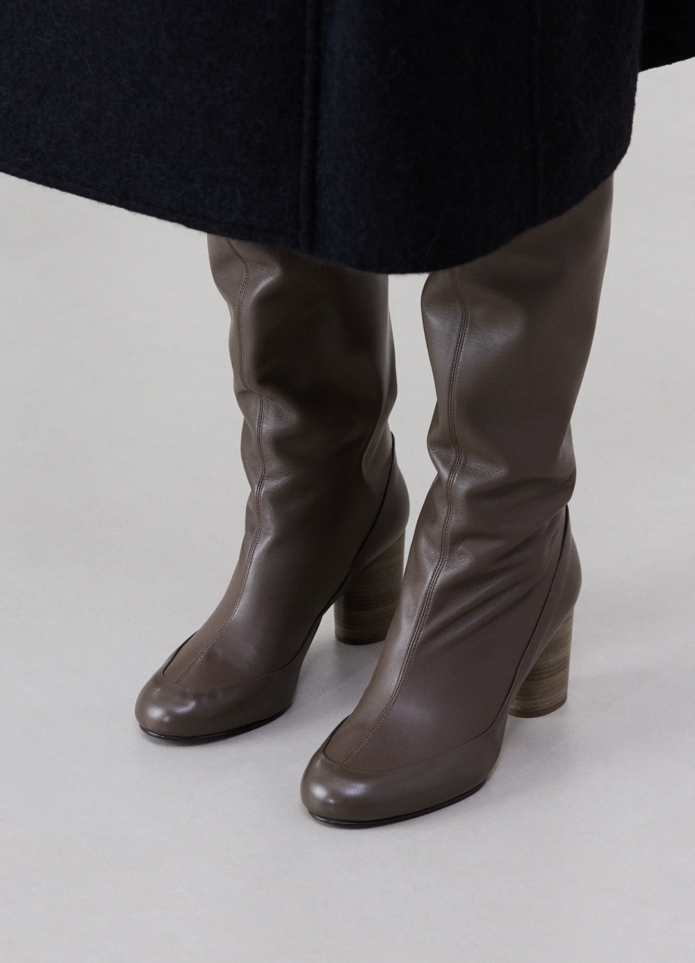 Lemaire Glove Boots in Nappa Leather Lambskin, model shot, top downward view 80mm block heel