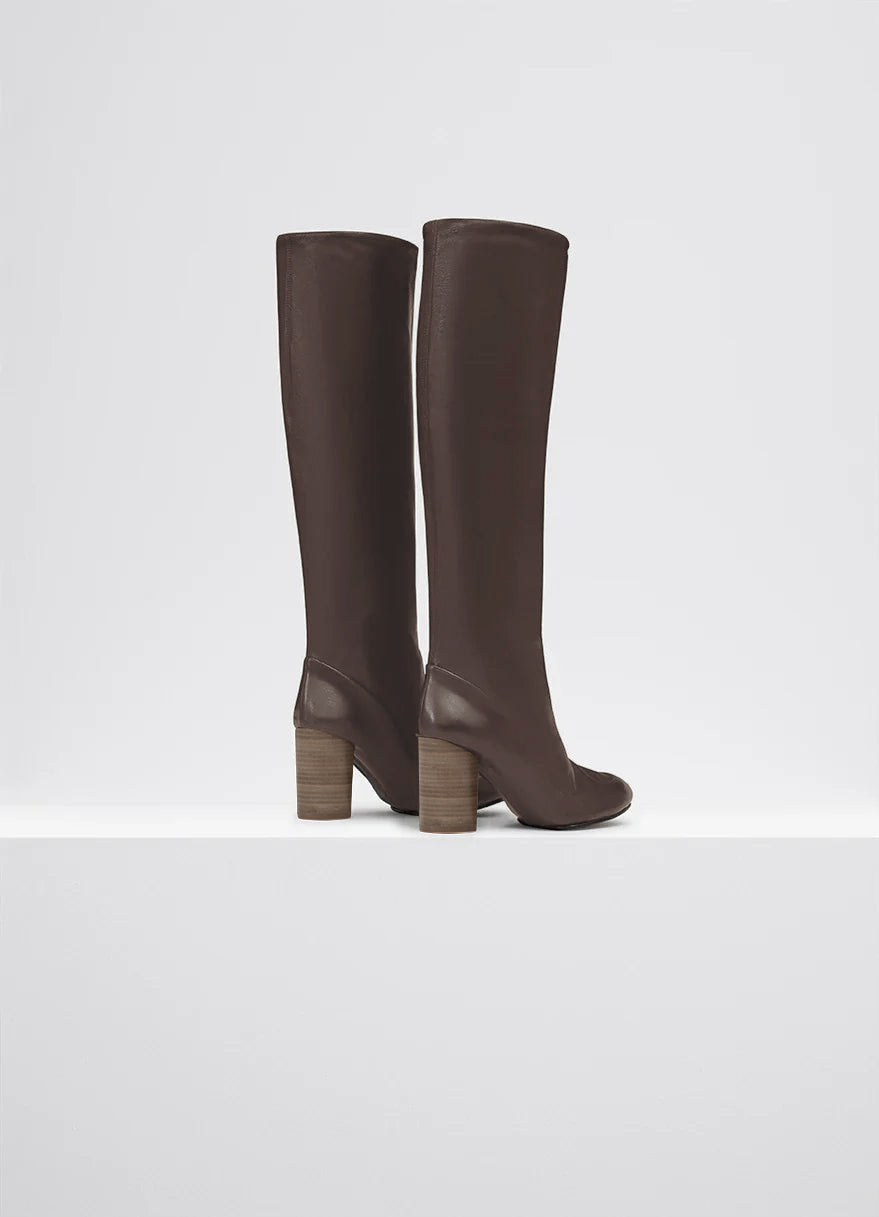 Lemaire Glove Boots in Nappa Leather Lambskin, product shot, back view tall leg tube, block heel view 3