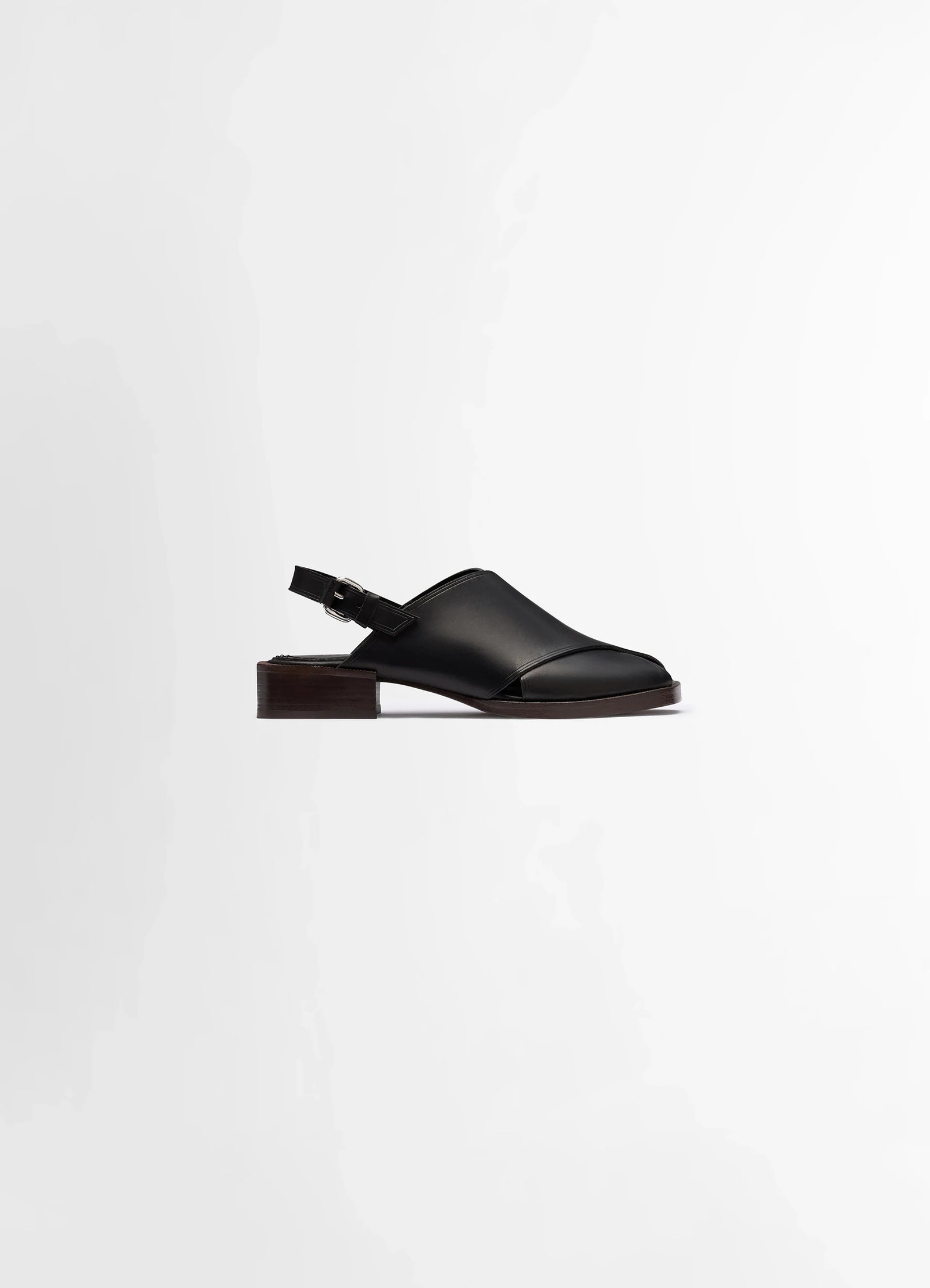 Lemaire cross flat sandals in black vegetable nappa leather, product shot, side view square open toes, cut-out effect