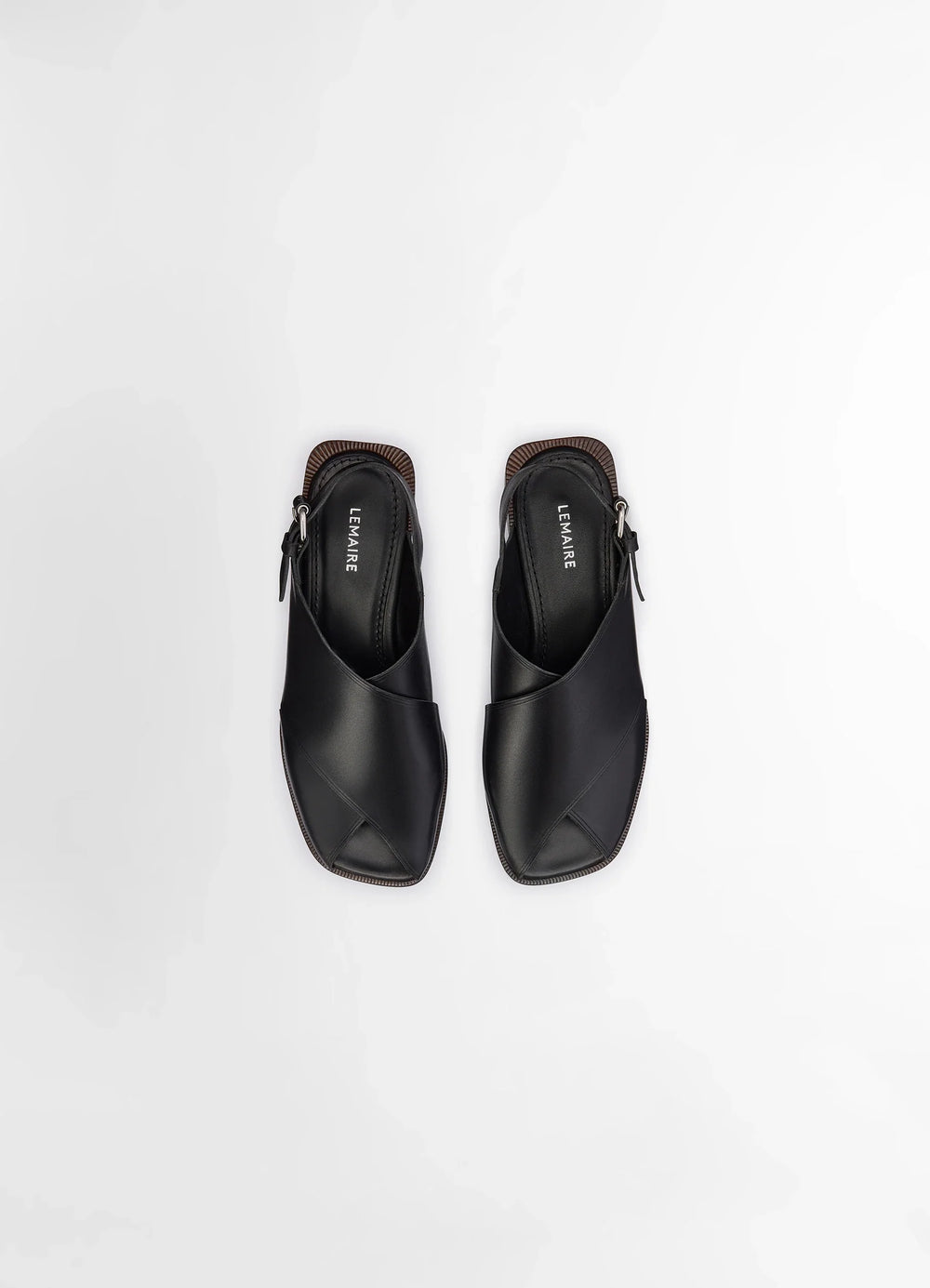 Lemaire Cross Flat Sandals in Black Vegetable Nappa Leather, product shot, overhead top-down view double strap with stitched