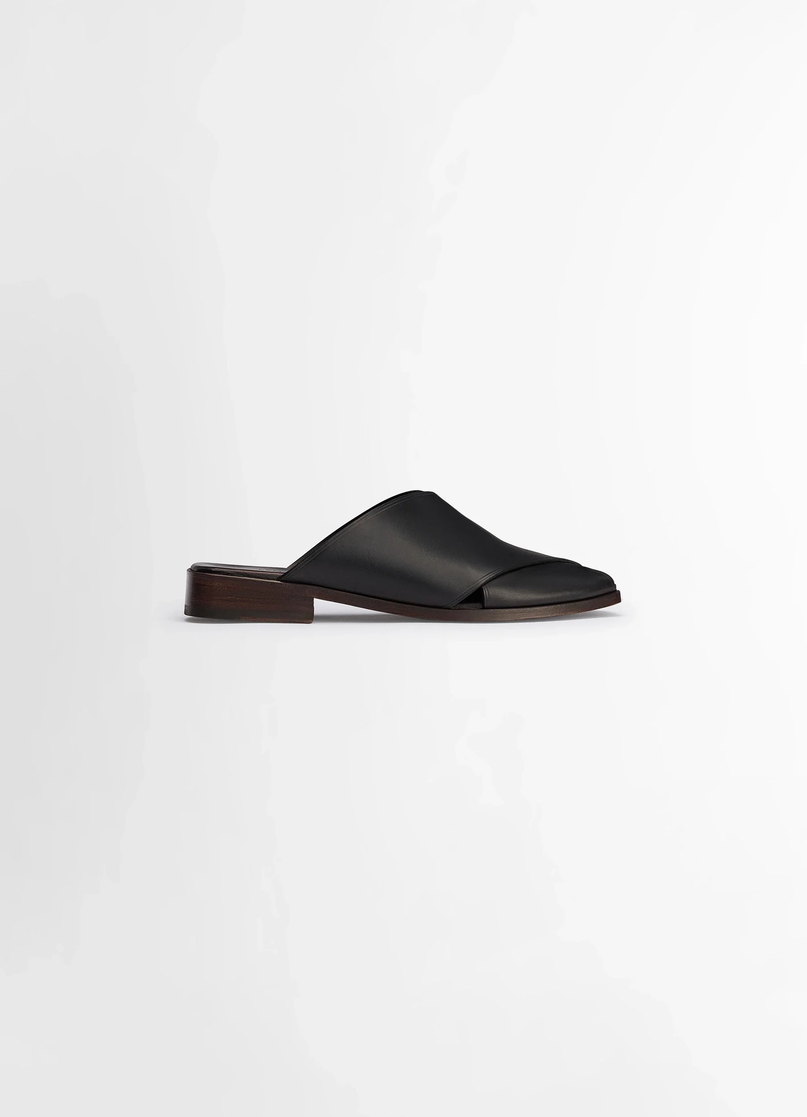 Lemaire cross flat sandals in soft shiny vegetable nappa, product shot, side view layered interwoven leather