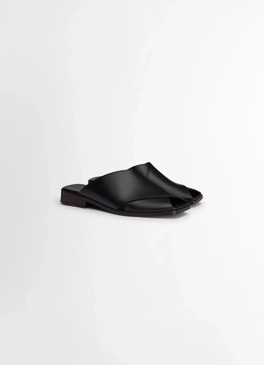 Lemaire Cross Flat Sandals in Soft Shiny Vegetable Nappa, product shot, angled top view smooth leather finish