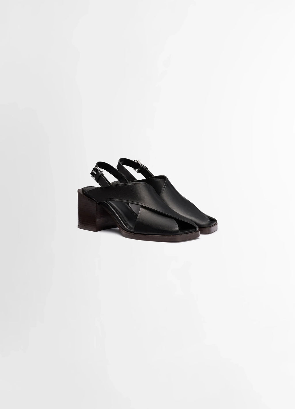 LEMAIRE Cross Sandals 80 in Black vegetable nappa leather, product shot, three-quarter view slingback strap, open toe