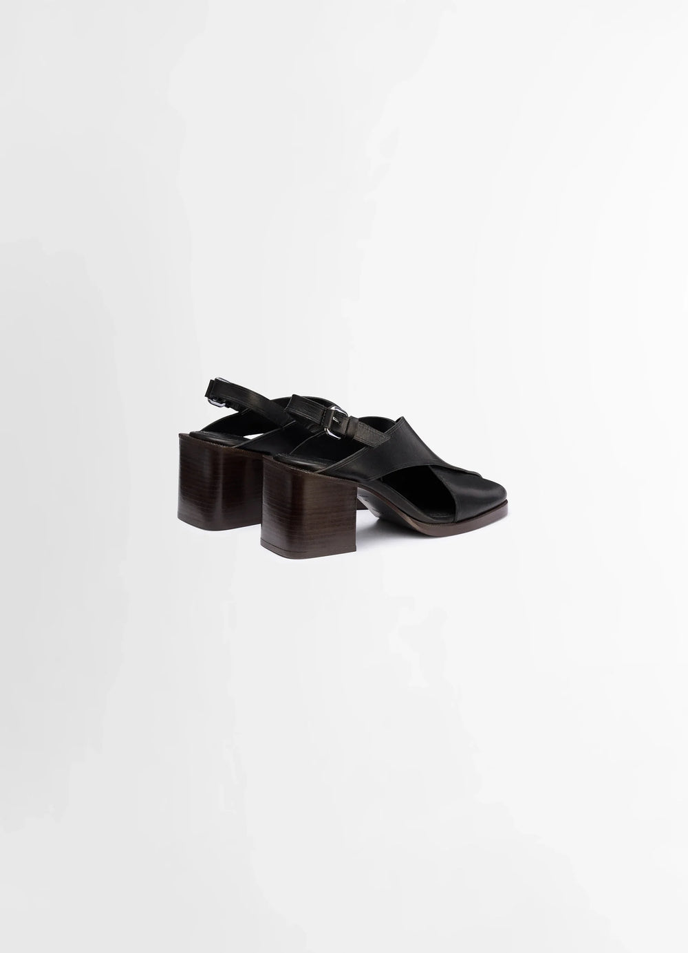 LEMAIRE Cross Sandals 80 in Black vegetable nappa leather, product shot, rear view buckle closure detail, high heel