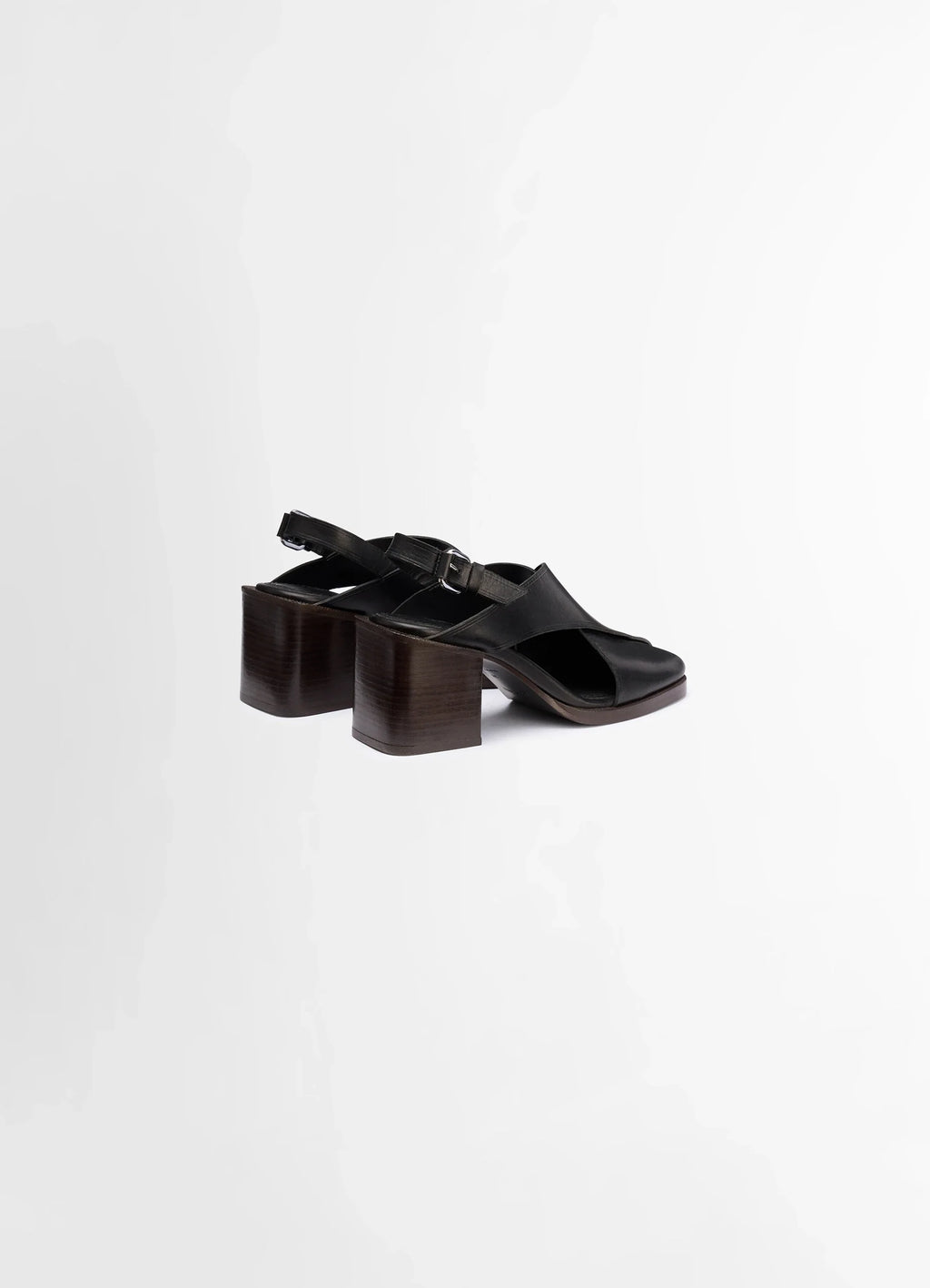 LEMAIRE Cross Sandals 80 in Black vegetable nappa leather, product shot, rear view buckle closure detail, high heel