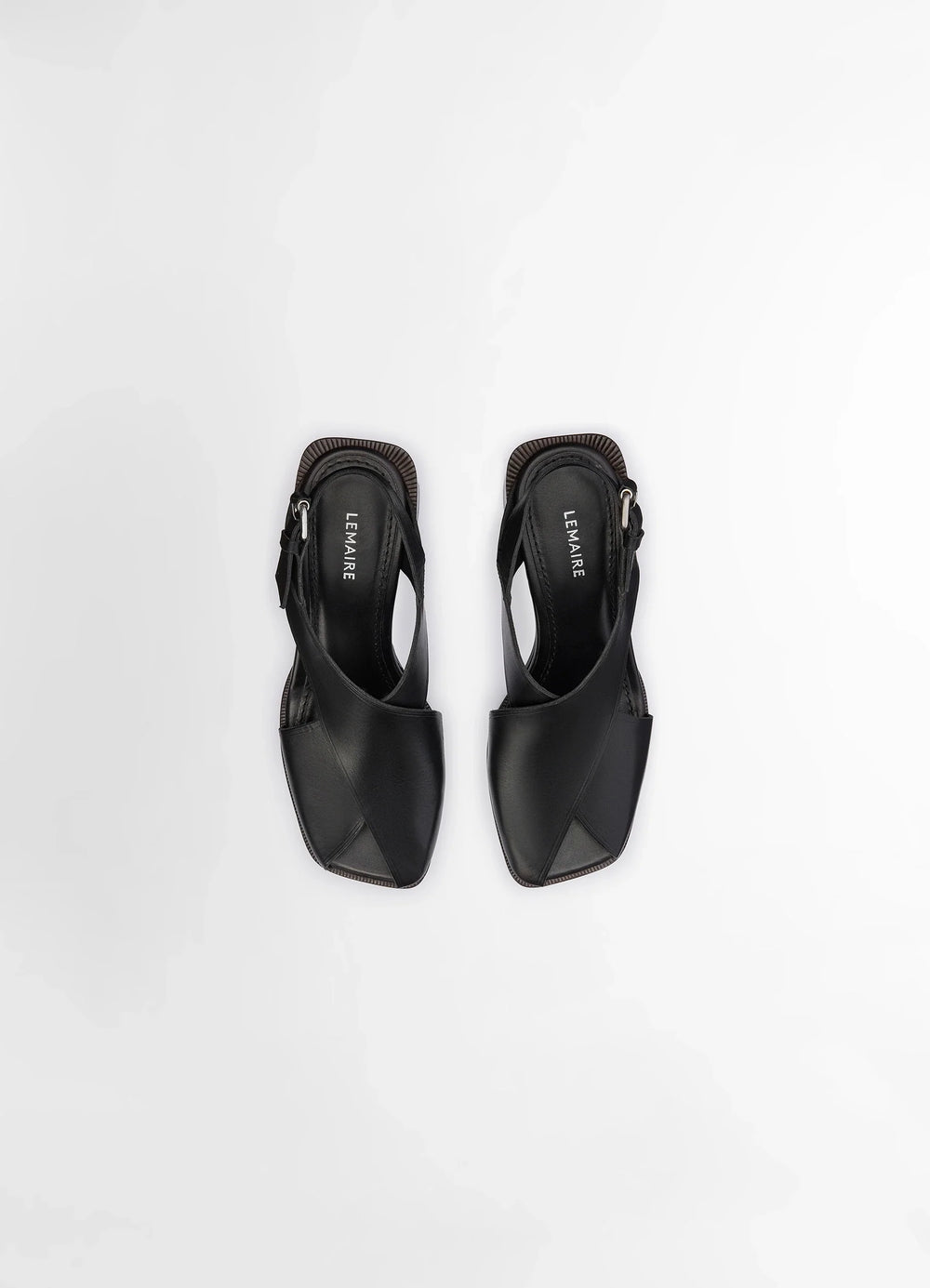 LEMAIRE Cross Sandals 80 in Black vegetable nappa leather, product shot, top view pointed cutout toe