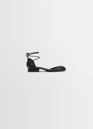 Micro Ballerina Flat in Black Supple Leather, product shot, Side view Ankle strap detail