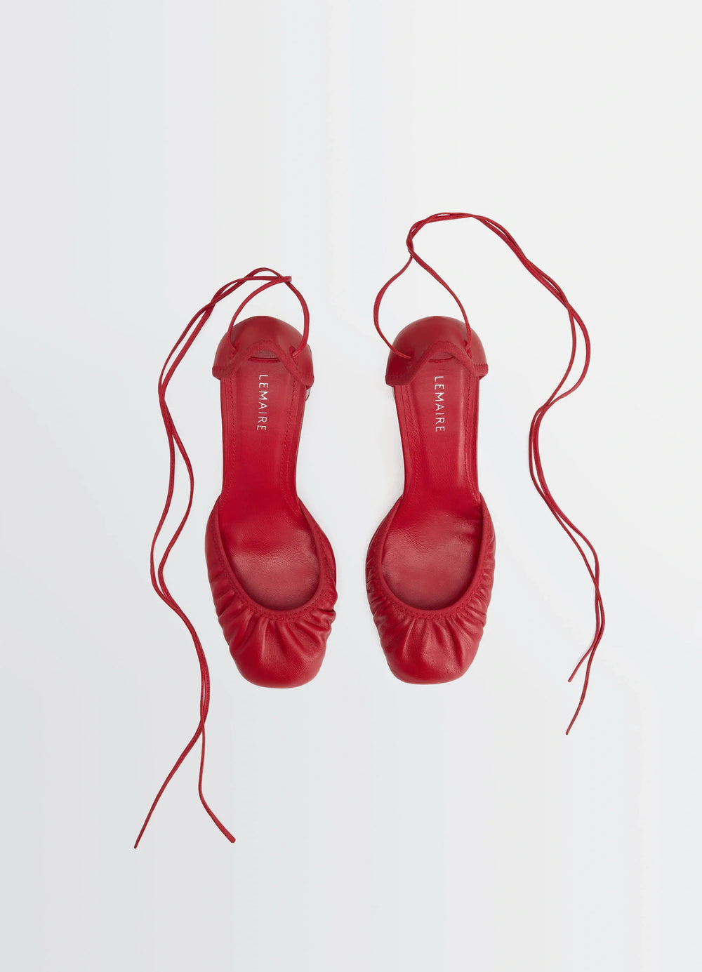 MICRO BALLERINA 85 in red supple leather, product shot, top view long lace-up ties