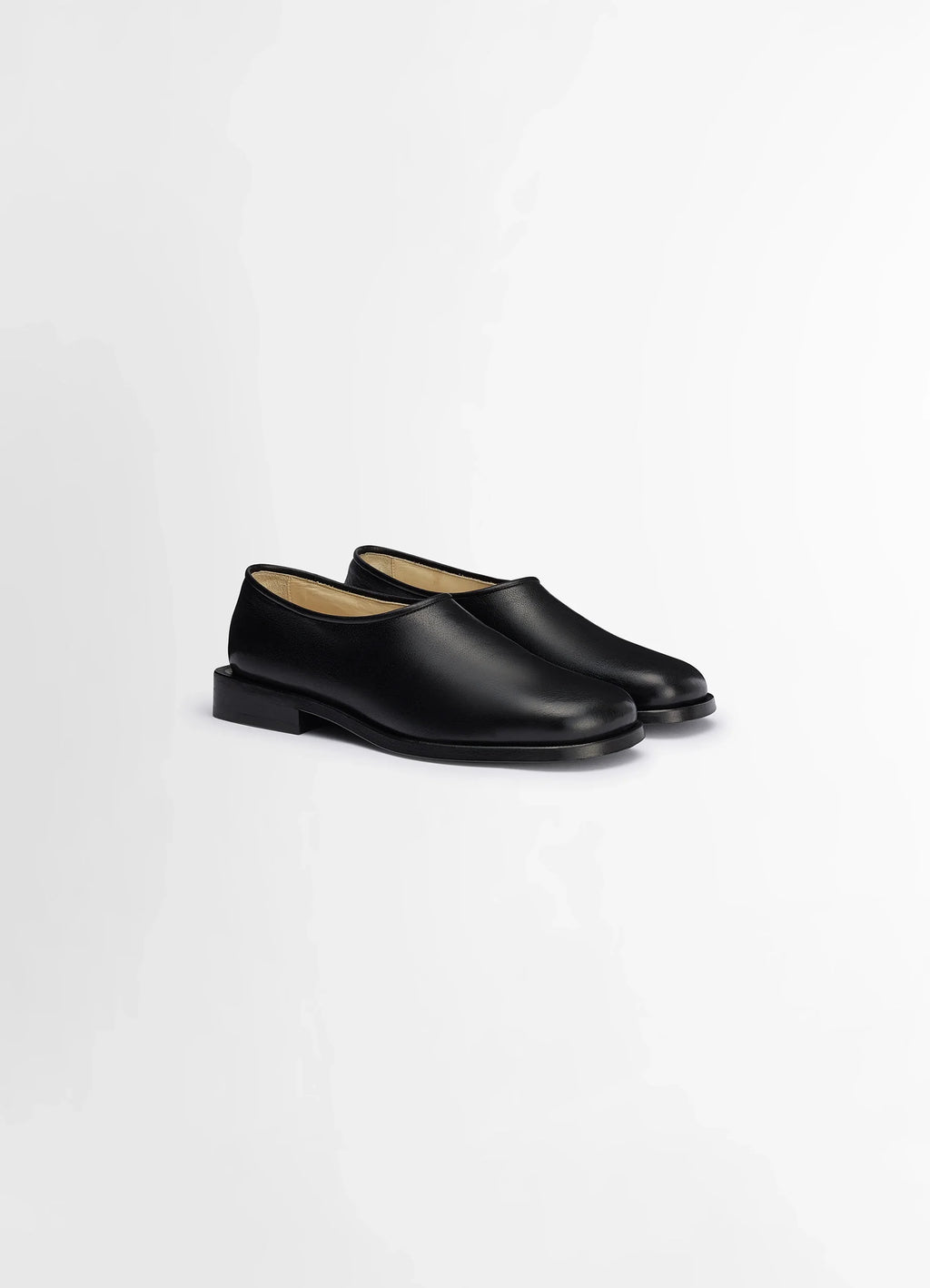 Lemaire Anatomic Slip On in Glossy Buffalo Leather, product shot, three-quarter view unlined glossy finish